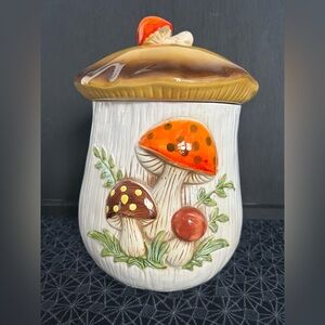 Mushroom Ceramic Canister/Cookie Jar with Orange and Brown Accents